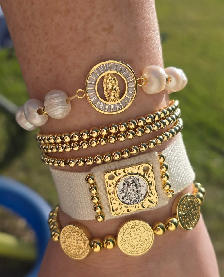 18k gold plated lady of Guadalupe, San Benito and balls bracelets