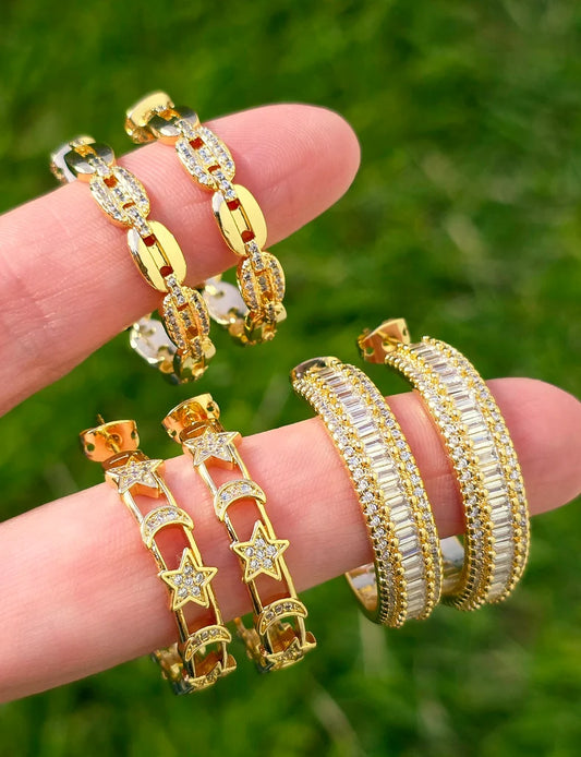 18k gold plated chain, baguette cz and star hoop earrings