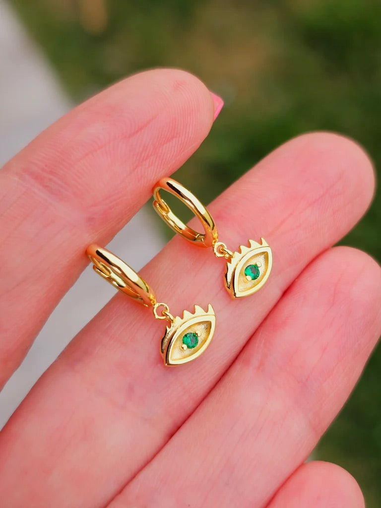 .925 sterling silver green evil eye hoop earrings