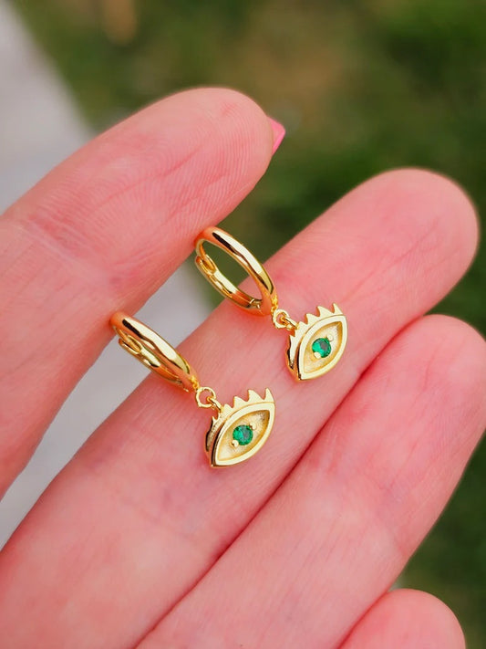 .925 sterling silver green evil eye hoop earrings