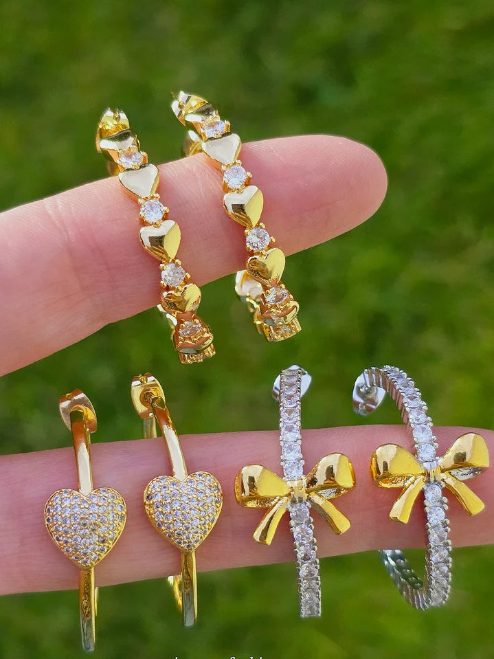 18k gold plated cz heart, and bow hoop earrings