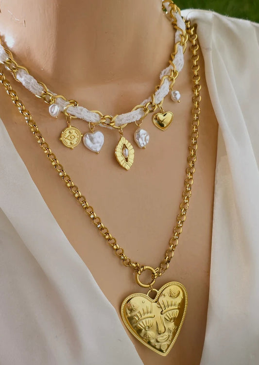 Stainless steel big heart and charms necklaces