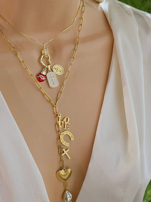 Stainless steel charms love, hearts and 18k gold plated cross necklaces