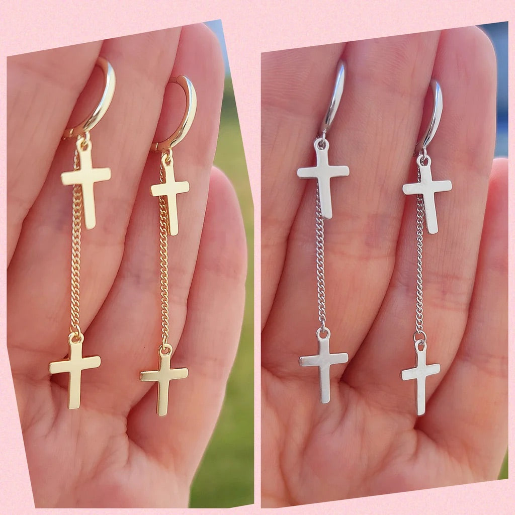 .925 Sterling silver dangling cross hoop earrings