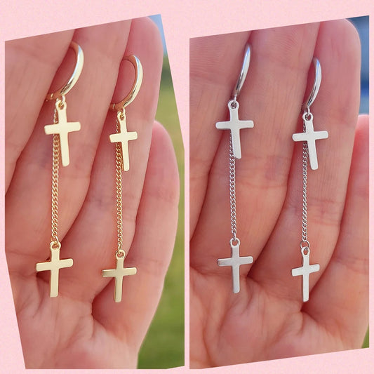 .925 Sterling silver dangling cross hoop earrings