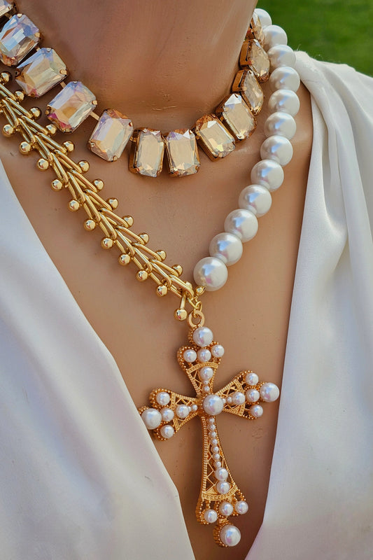 18k gold plated cross and crystals necklaces