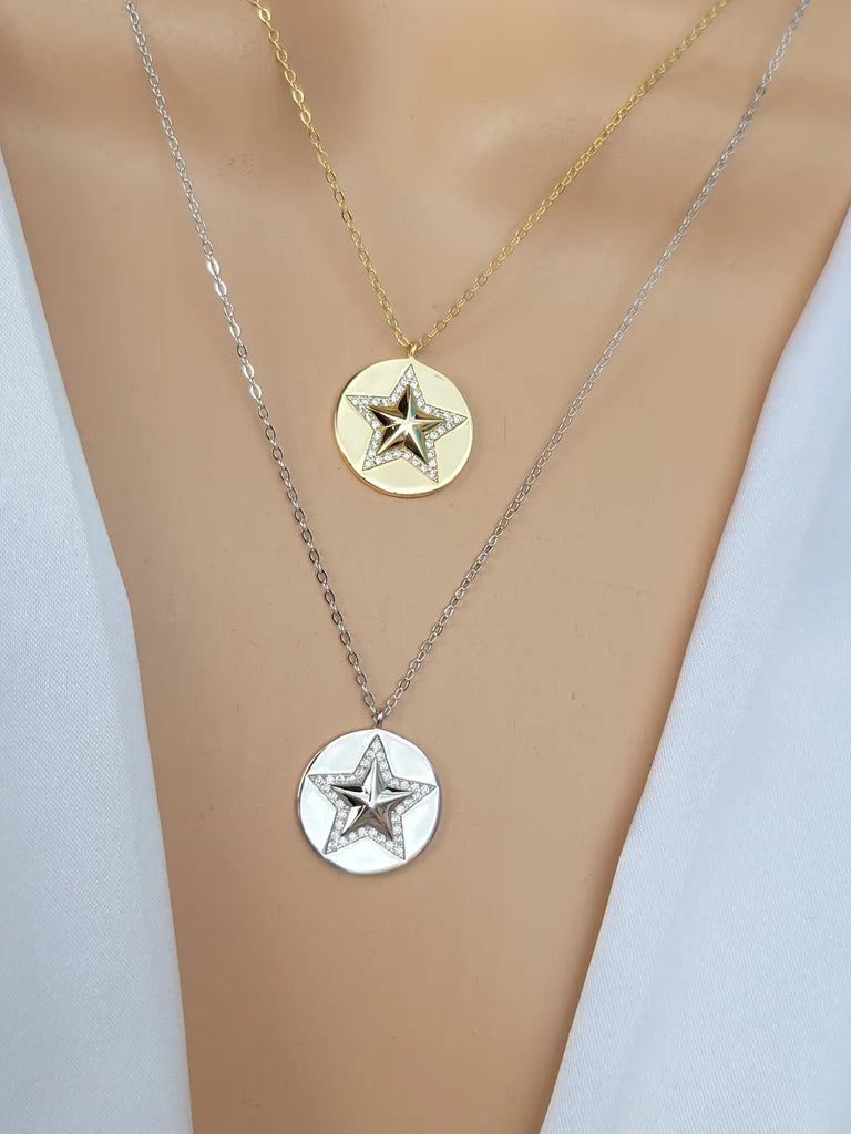 .925 Sterling silver and CZ star medal necklace