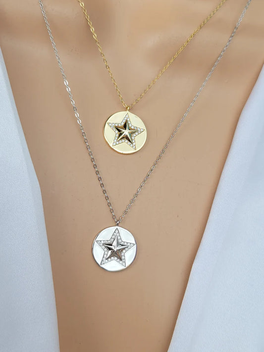 .925 Sterling silver and CZ star medal necklace