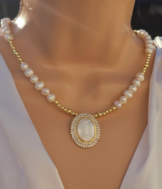 18k gold plated and pearls lady of Guadalupe necklace