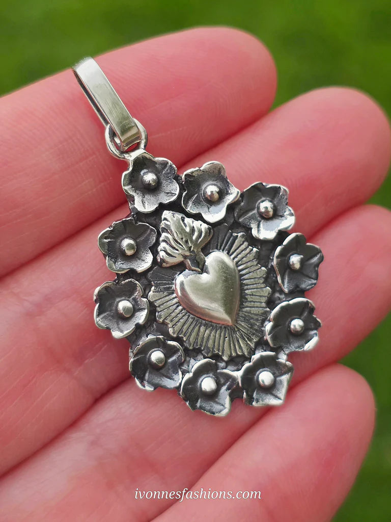 .925 Sterling silver sacred heart handmade pendant