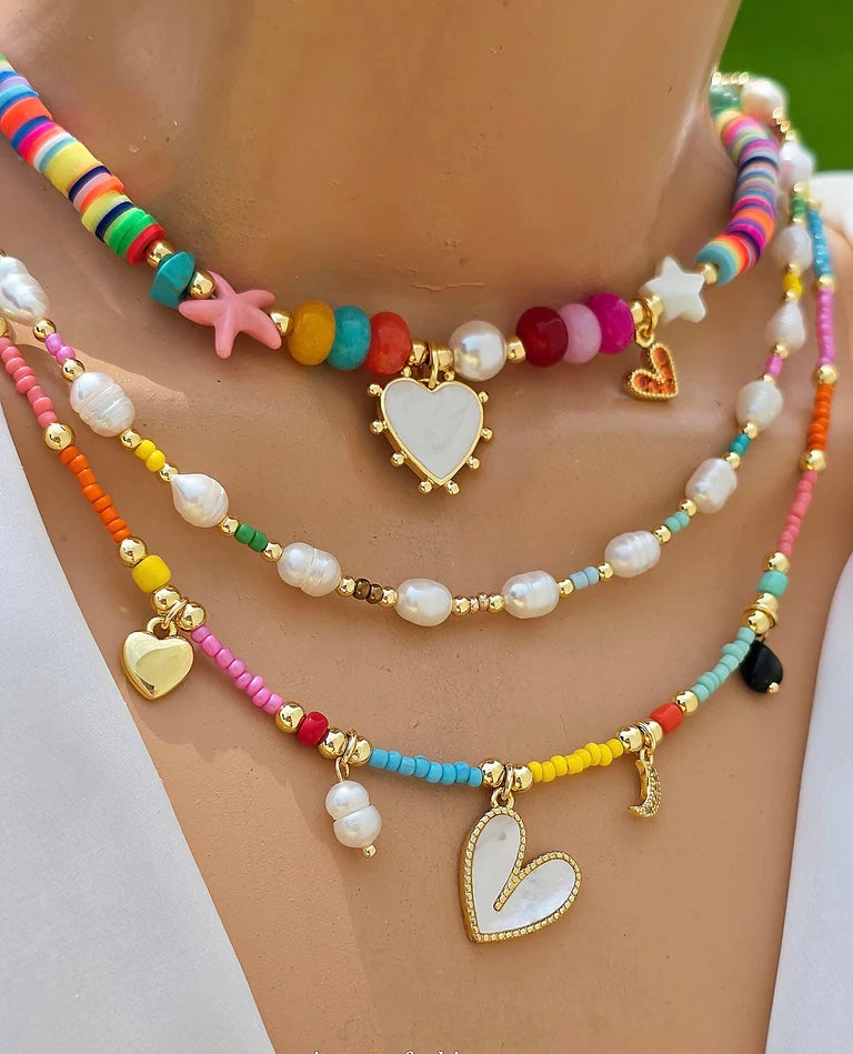 18k gold plated multicolor seed beads hearts and pearls necklaces