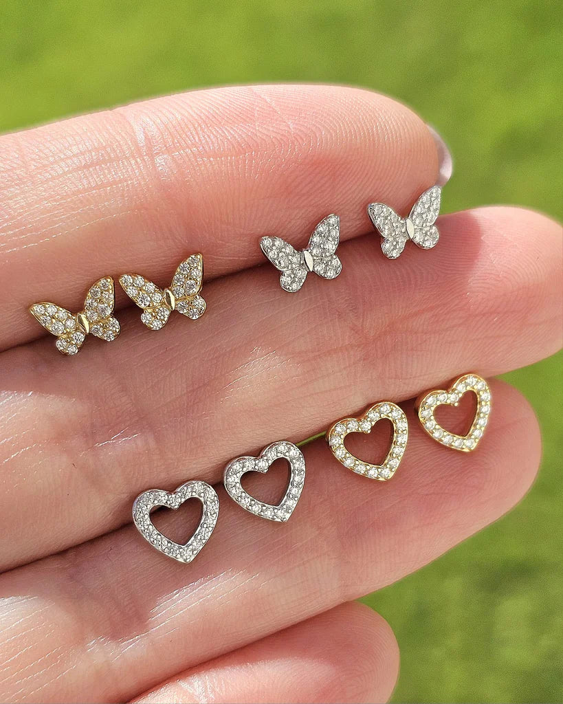 .925 sterling silver heart and butterfly screw back ball earrings