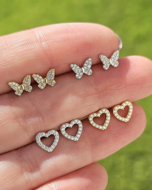 .925 sterling silver heart and butterfly screw back ball earrings