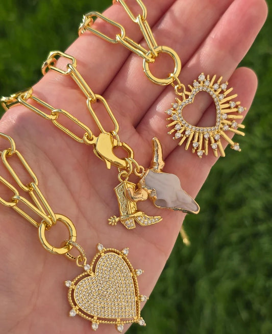 18k gold plated heart and western CZ paperclip chain necklaces
