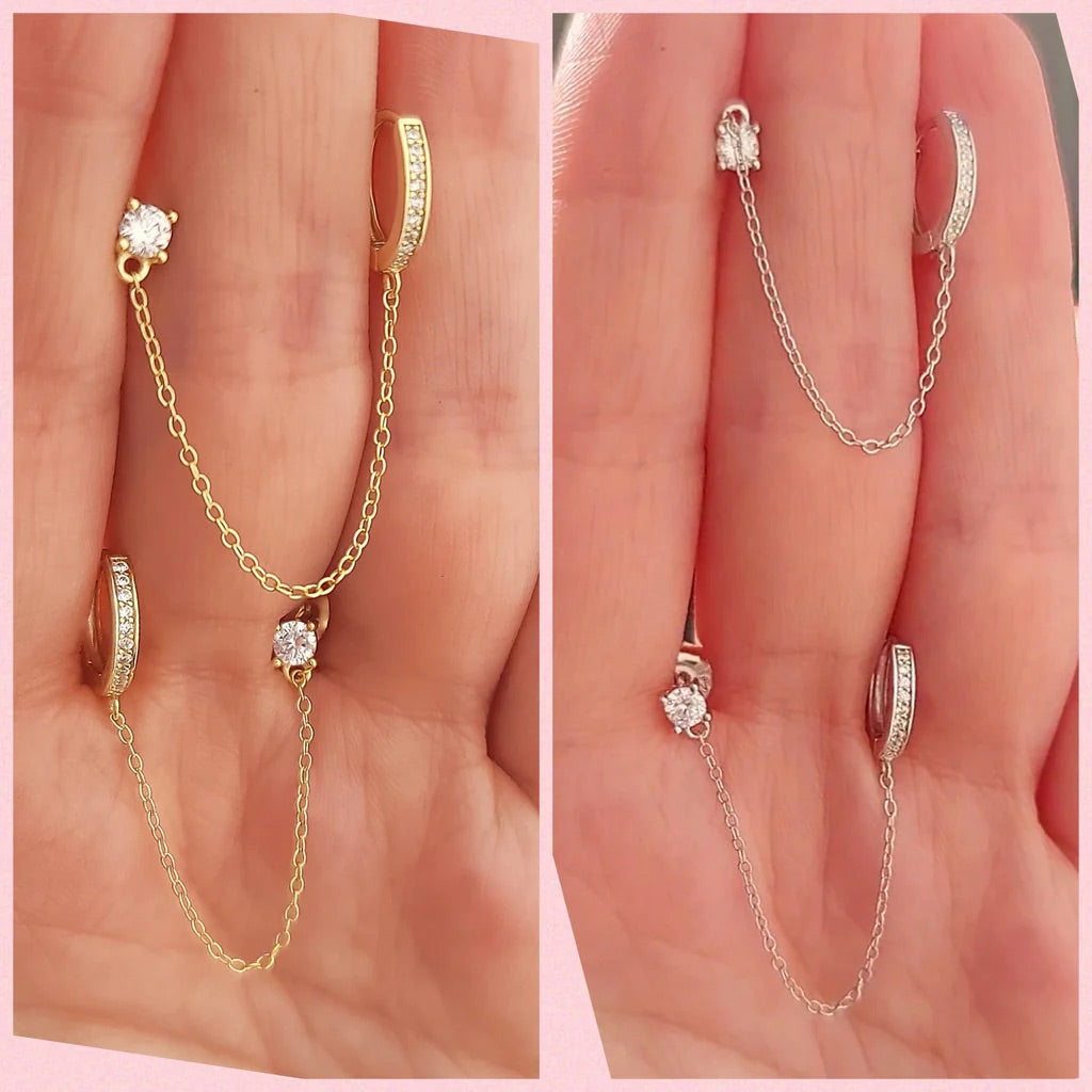 .925 Sterling silver and CZ hoop with chain earrings