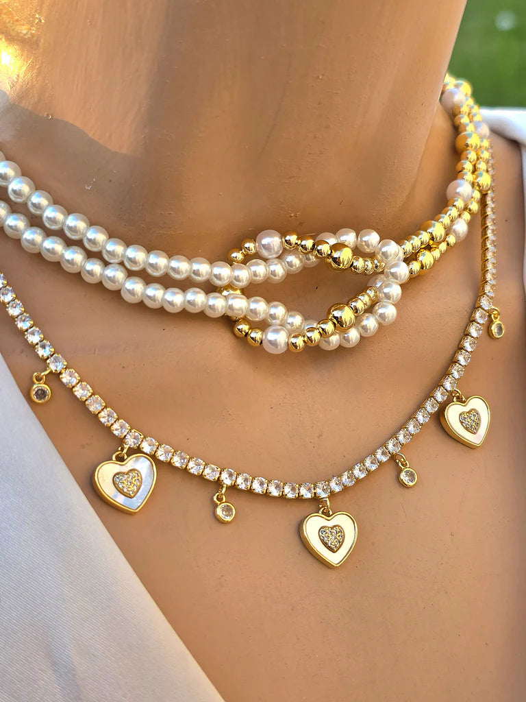 18k gold plated knot pearls and dangling hearts necklaces