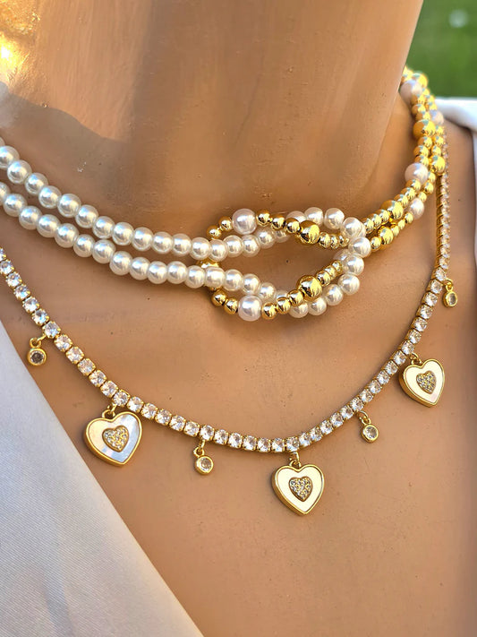 18k gold plated knot pearls and dangling hearts necklaces