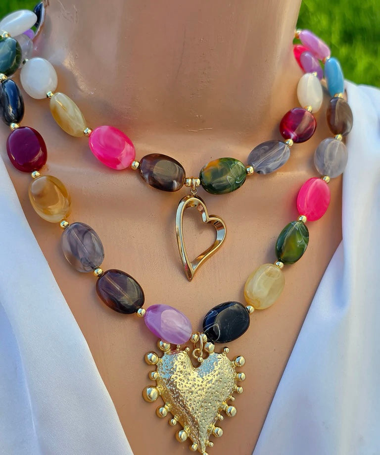 18k gold plated acrylic stones and heart pendant necklaces