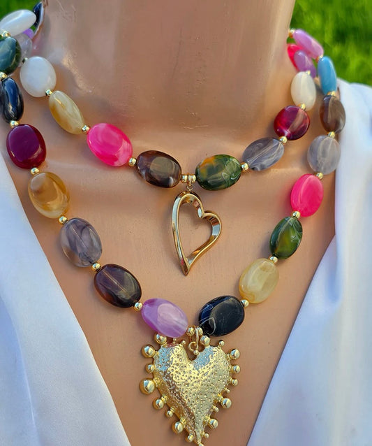 18k gold plated acrylic stones and heart pendant necklaces