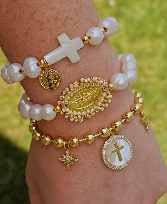 18k gold plated and Pearls cross and lady of Guadalupe bracelets