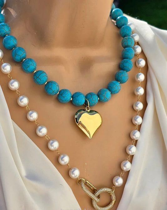 18k gold plated natural turquoise and pearls heart and clip necklaces