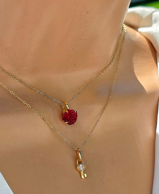 .925 Sterling silver red flower and key necklace