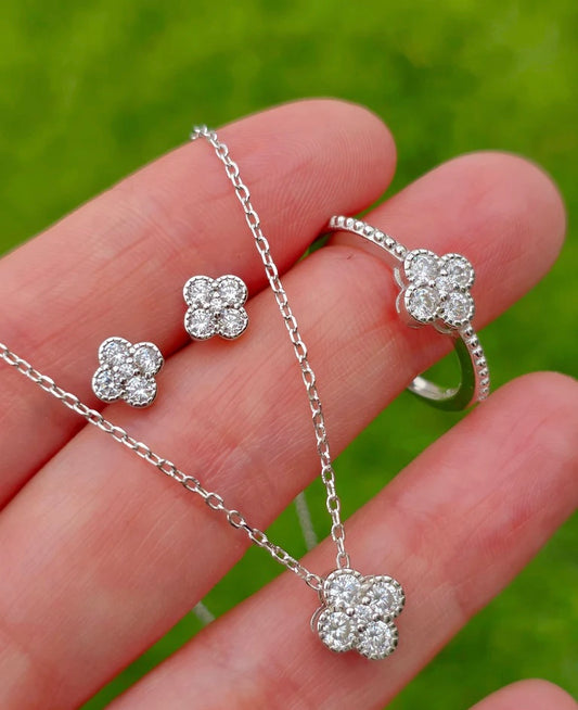 .925 Sterling silver CZ clover necklace, earrings and ring set