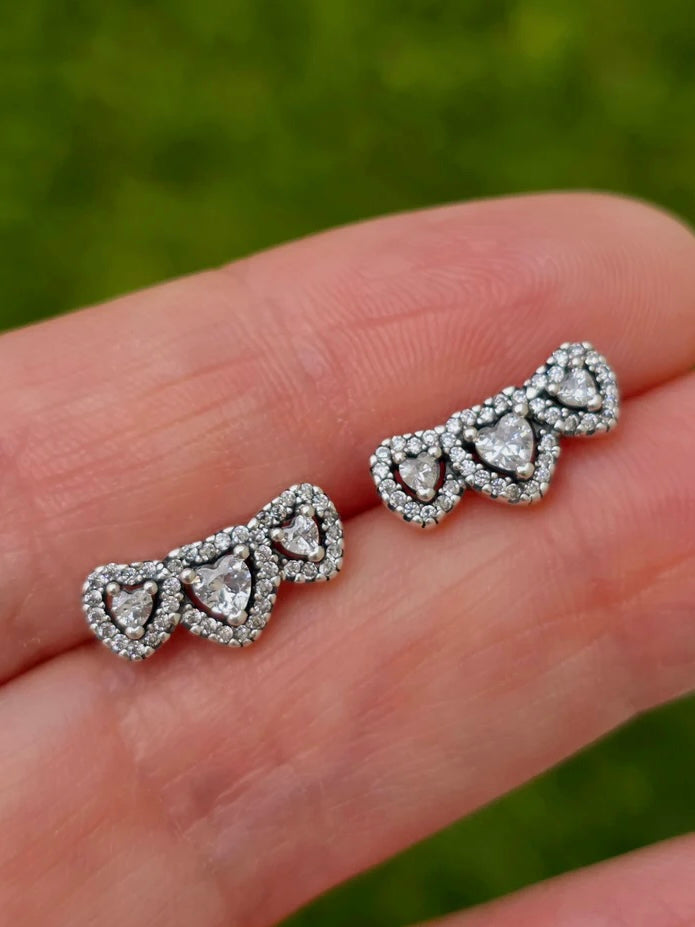 .925 Sterling silver CZ 3 hearts earrings