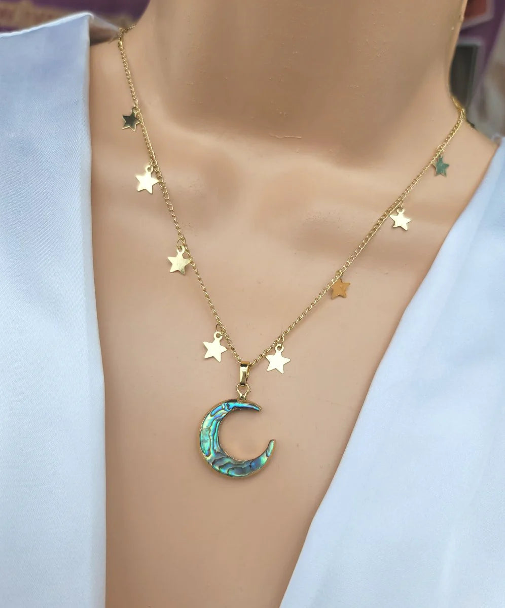 18k gold plated with abalone seashell moon and stars necklace