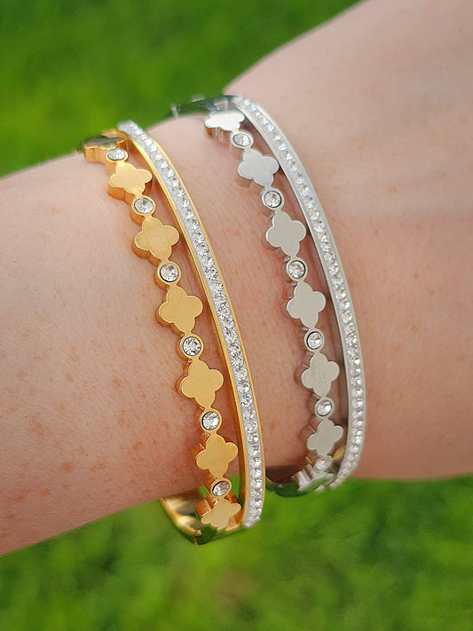 Stainless steel clover and cz bangle