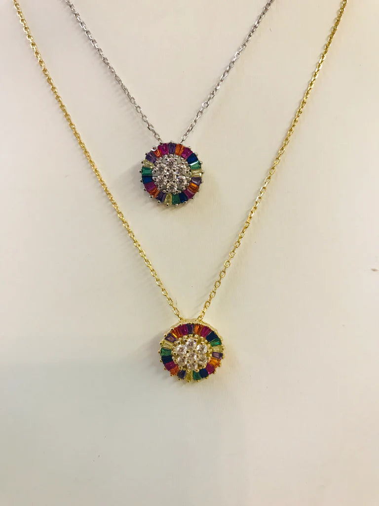 .925 sterling silver circle multicolor with clear zirconias necklace