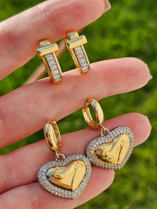 18k gold plated baguette and heart hoop earrings