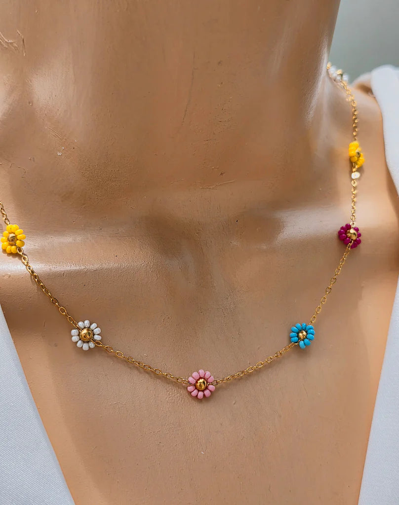 Stainless steel seed beads multicolor flowers necklace