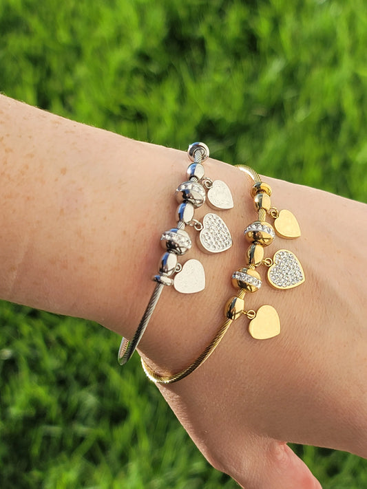 Stainless Steel Dangling Hearts Bangle Bracelet