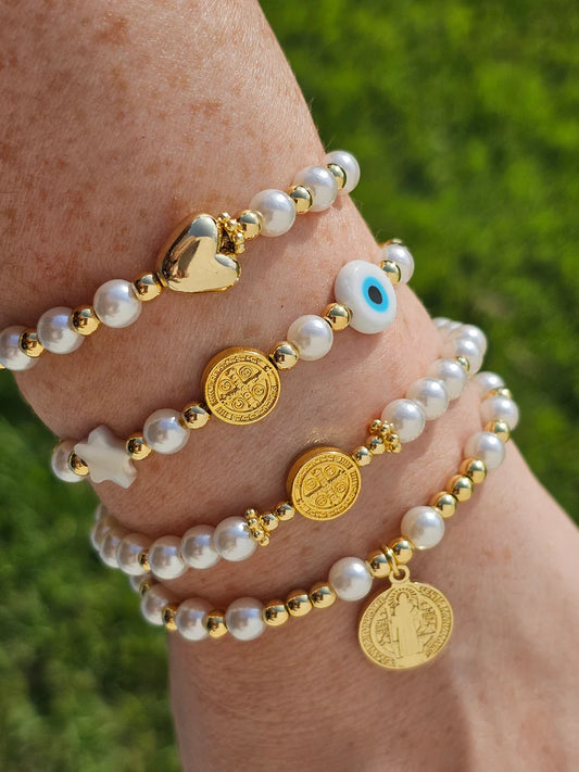 18k gold plated evil eye, San Benito, heart pearl bracelets