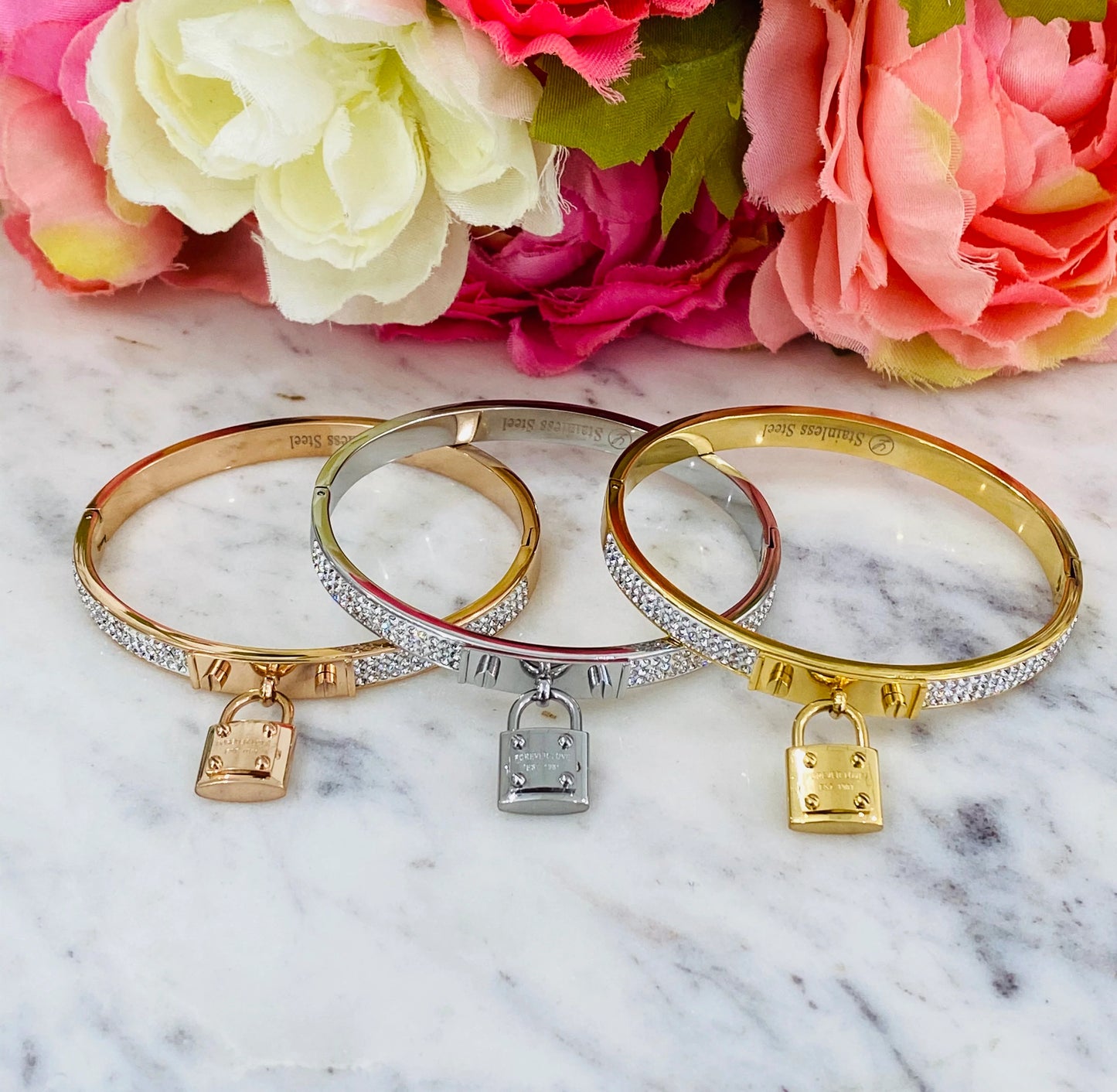 Stainless Steel Dangling Lock Bangle Bracelet