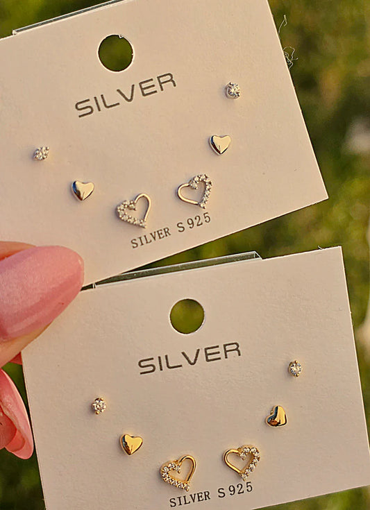 .925 Sterling silver hearts 3 pairs set earrings