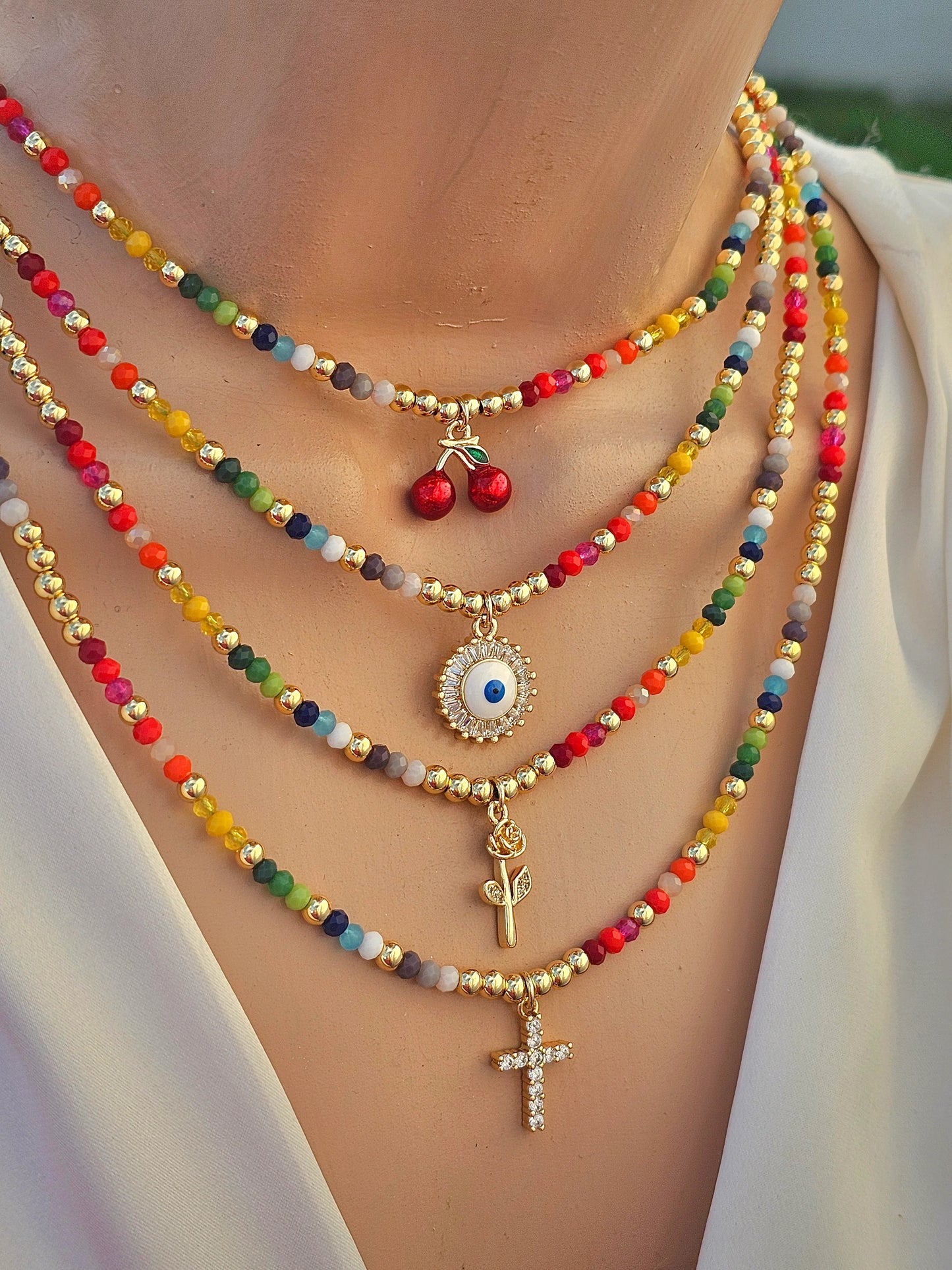 18k gold plated cherry, evil eye, rose and cross colorful necklaces
