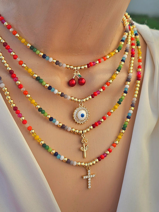 18k gold plated cherry, evil eye, rose and cross colorful necklaces