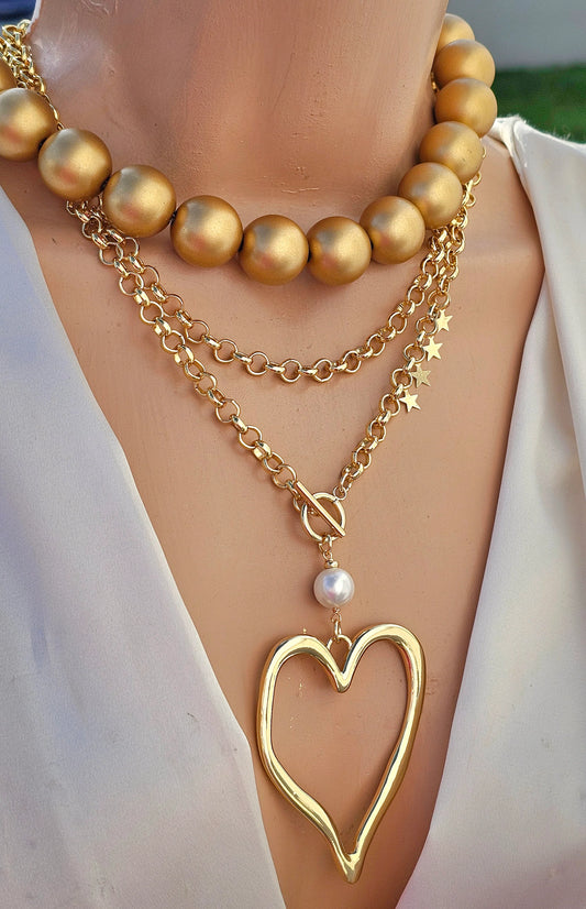 18k gold plated gold balls and heart necklaces