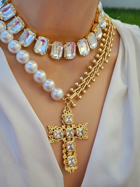 18k gold plated cross and crystals necklaces