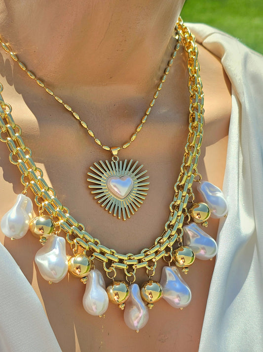18k gold plated pearls and heart necklaces