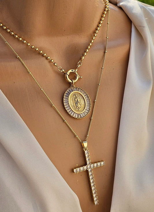 18k gold plated lady of guadalupe and cross necklaces
