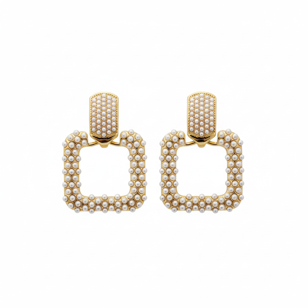 Aretes cuadrados con perla dorados
