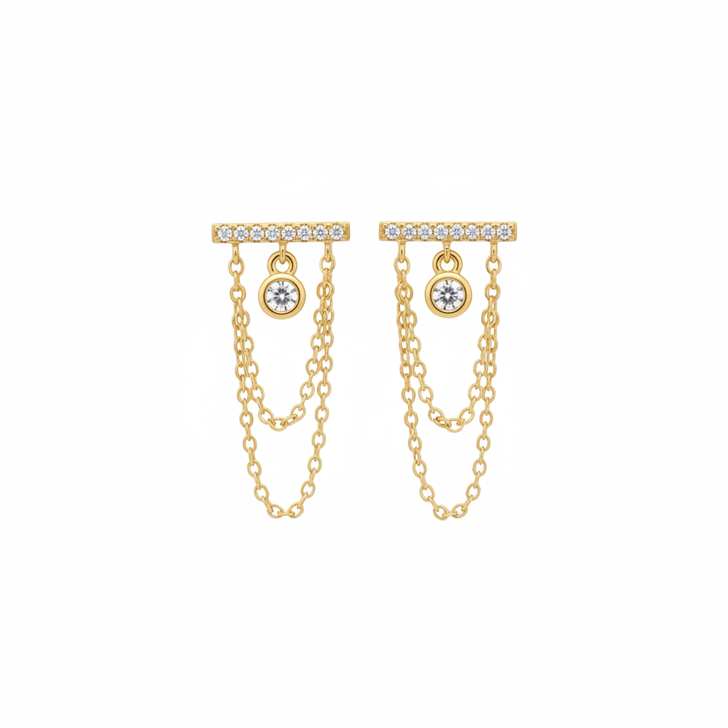 CZ bar and chain earrings - gold fondo blanco