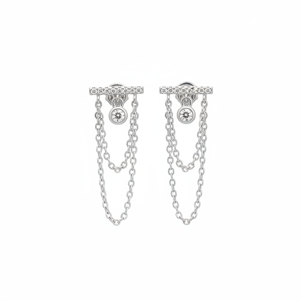 CZ bar and chain earrings - silver fondo blanco