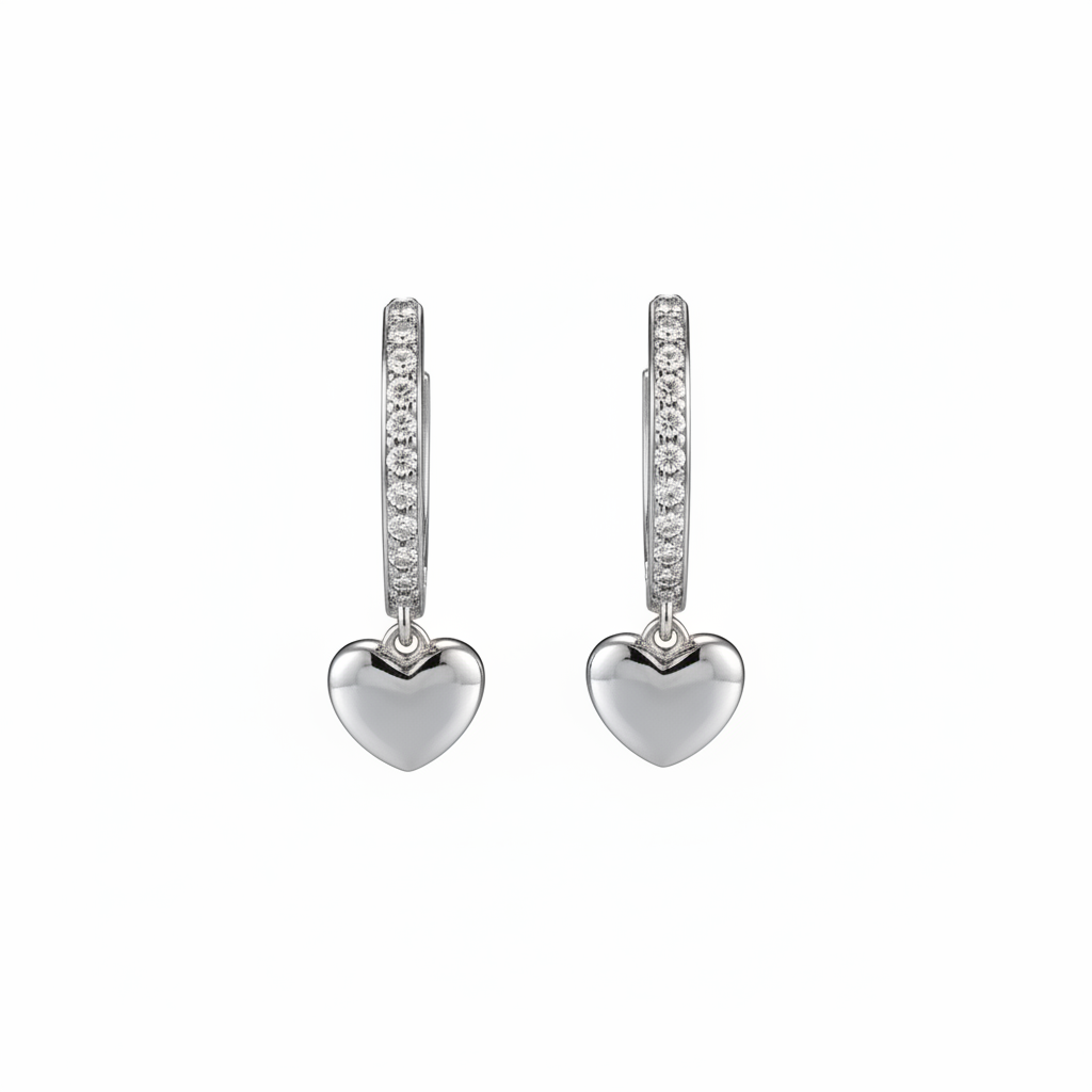 925 Sterling silver dangling heart CZ hoop earrings silver
