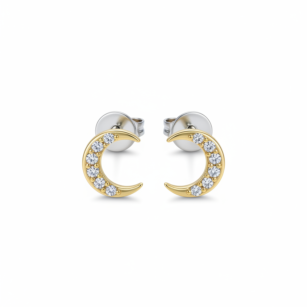 Stainless steel Moon flat back earrings, fondo blanco
