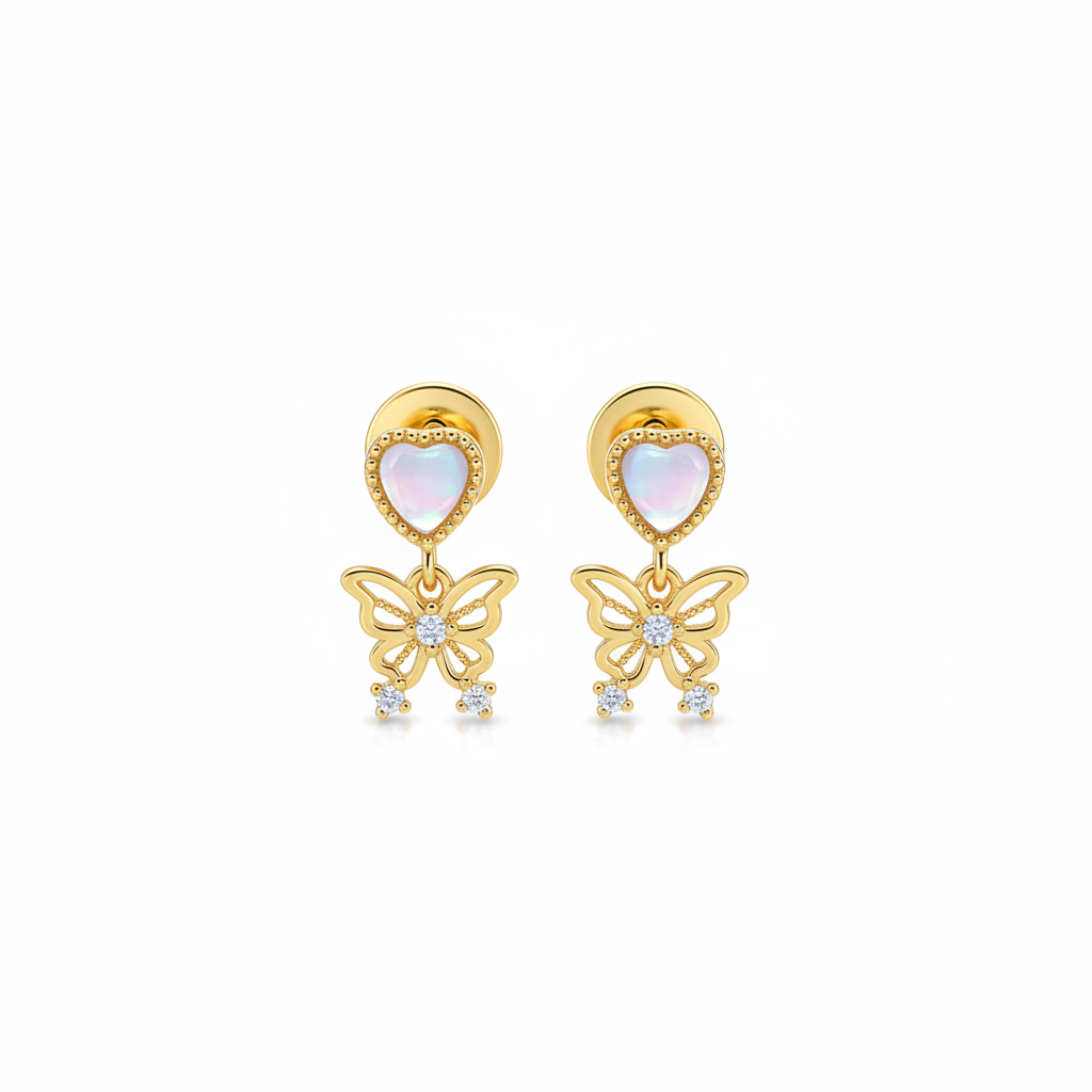 Stainless steel Heart with Butterfly flat back earrings, fondo blanco